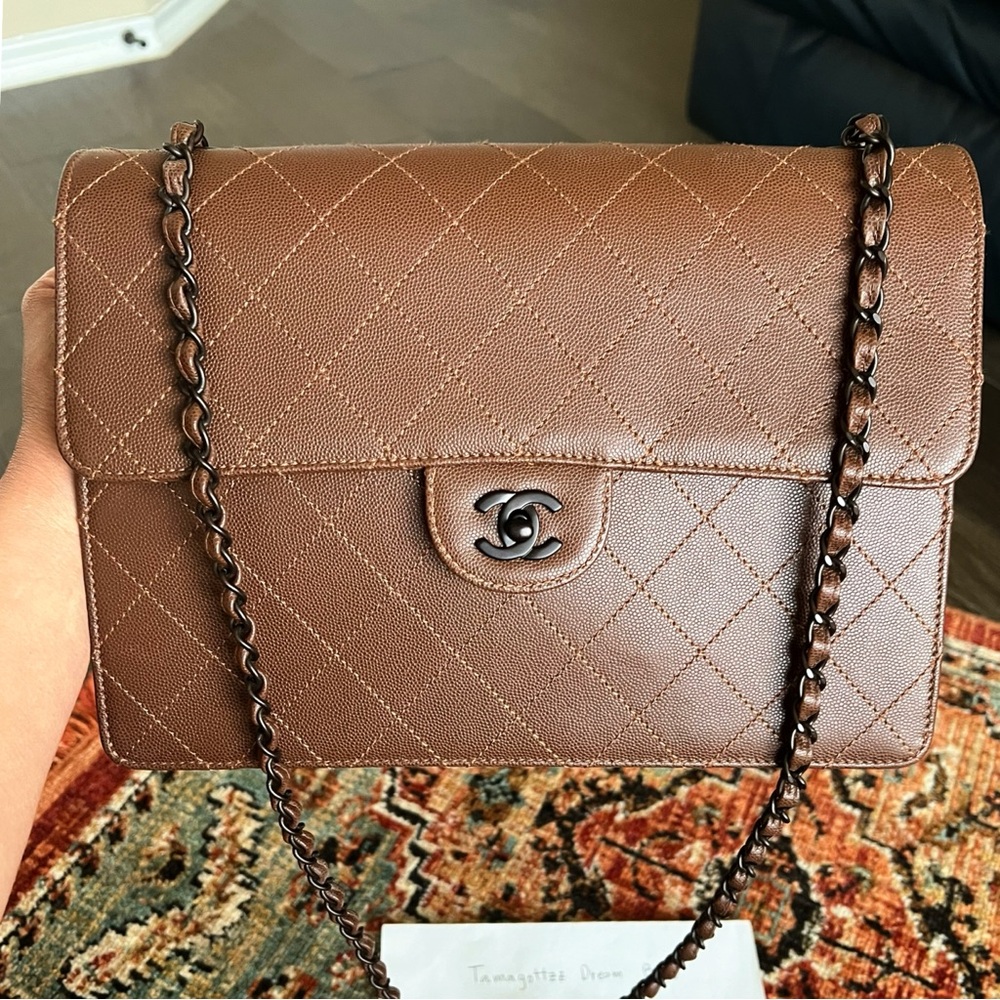 Chanel Classic Vintage Jumbo Brown Caviar Single Flap Bag